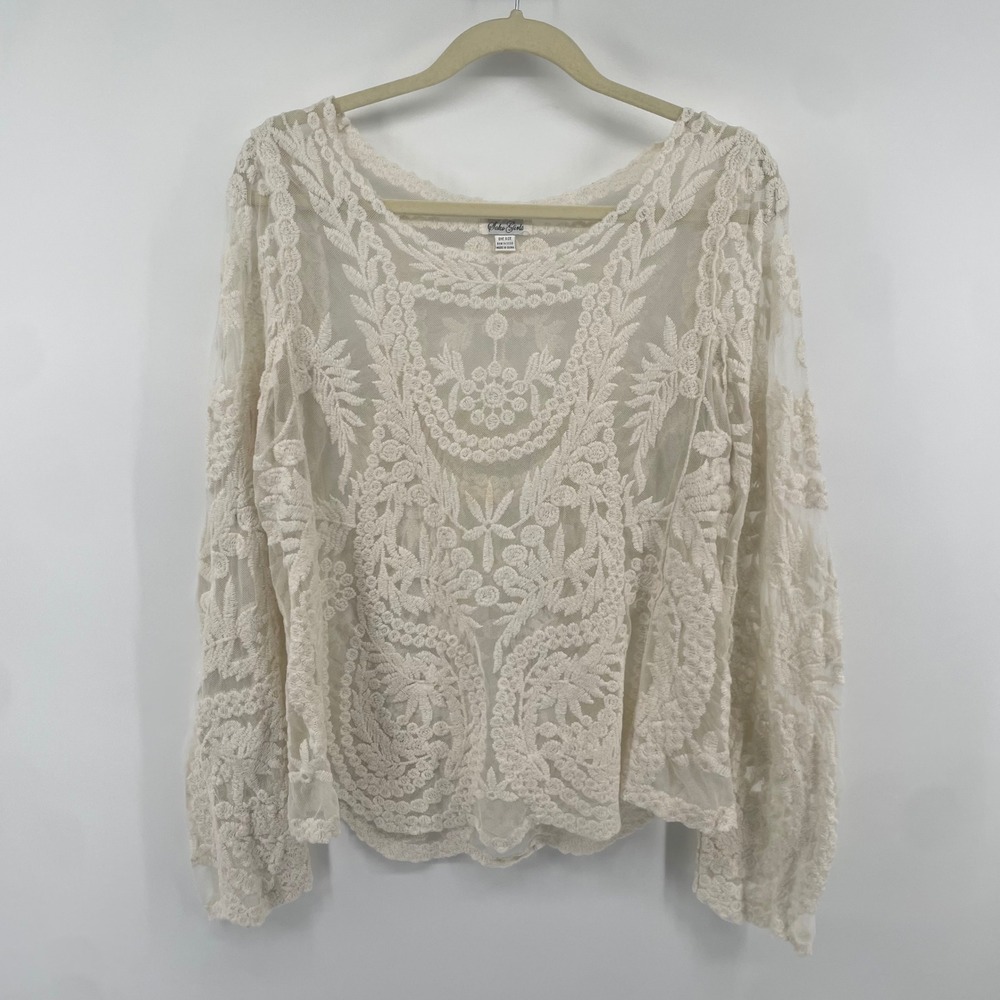 Soho Girls Blouse Womens One Size Ivory Sheer Embroidered Mesh Boho Top